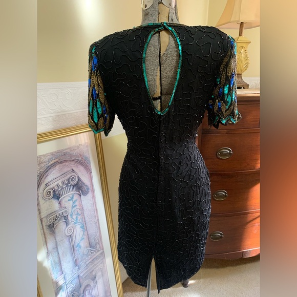 Vintage Beaded Dress Sequin Peacock, 100% Silk Cocktail Mini Size Petite Large - Picture 16 of 16
